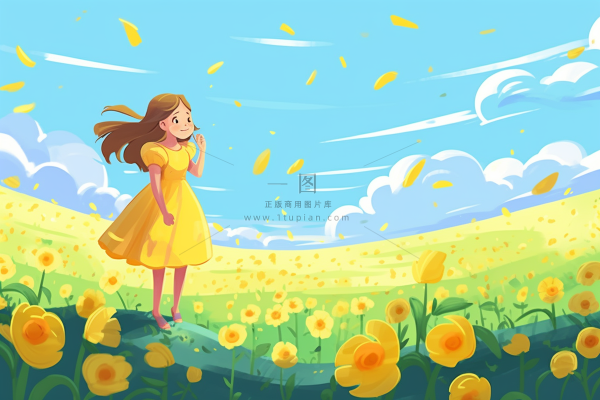 黄裙子女孩花丛中花瓣飞舞风景卡通插画背景