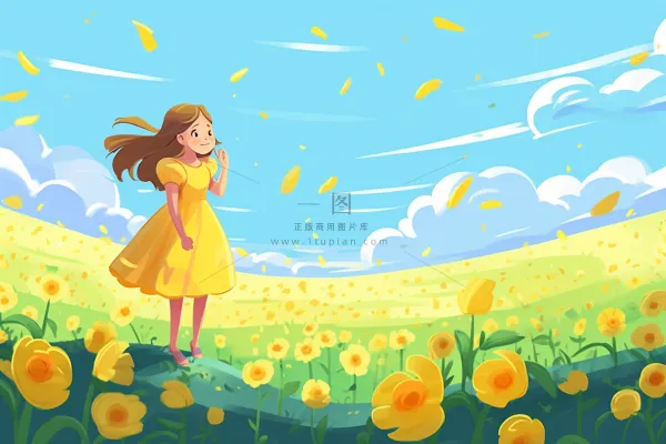 黄裙子女孩花丛中花瓣飞舞风景卡通插画背景