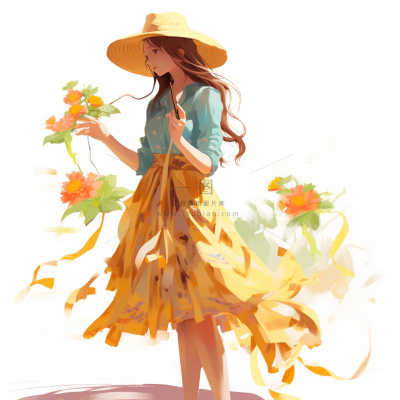 穿裙子的少女草帽色彩鲜艳卡通插画素材