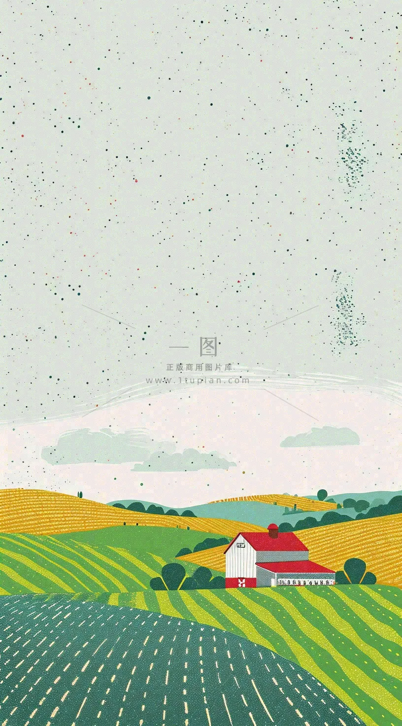 清新山脉草坪点线面扁平屋子树木手绘插画