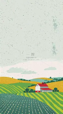 清新山脉草坪点线面扁平屋子树木手绘插画 清新山脉草坪点线面扁平屋子树木手绘插画