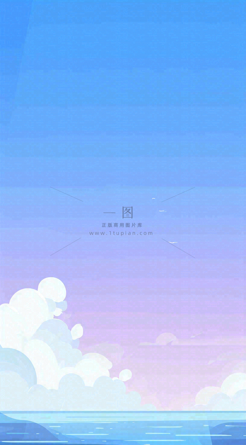 粉蓝渐变天空白云简约温馨,阳光海面海洋扁平插画