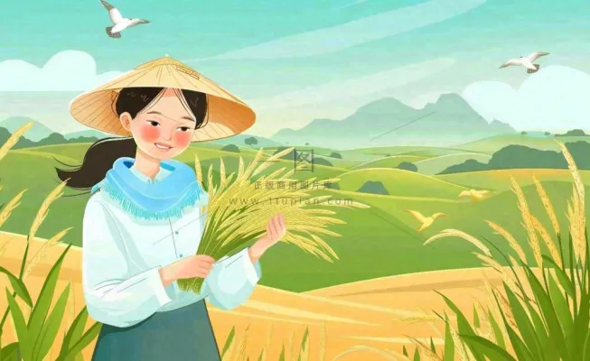 世界粮食日芒种秋收稻田麦子农民天空小满创意手绘卡通插画背景 世界粮食日芒种秋收稻田麦子农民天空小满创意手绘卡通插画背景