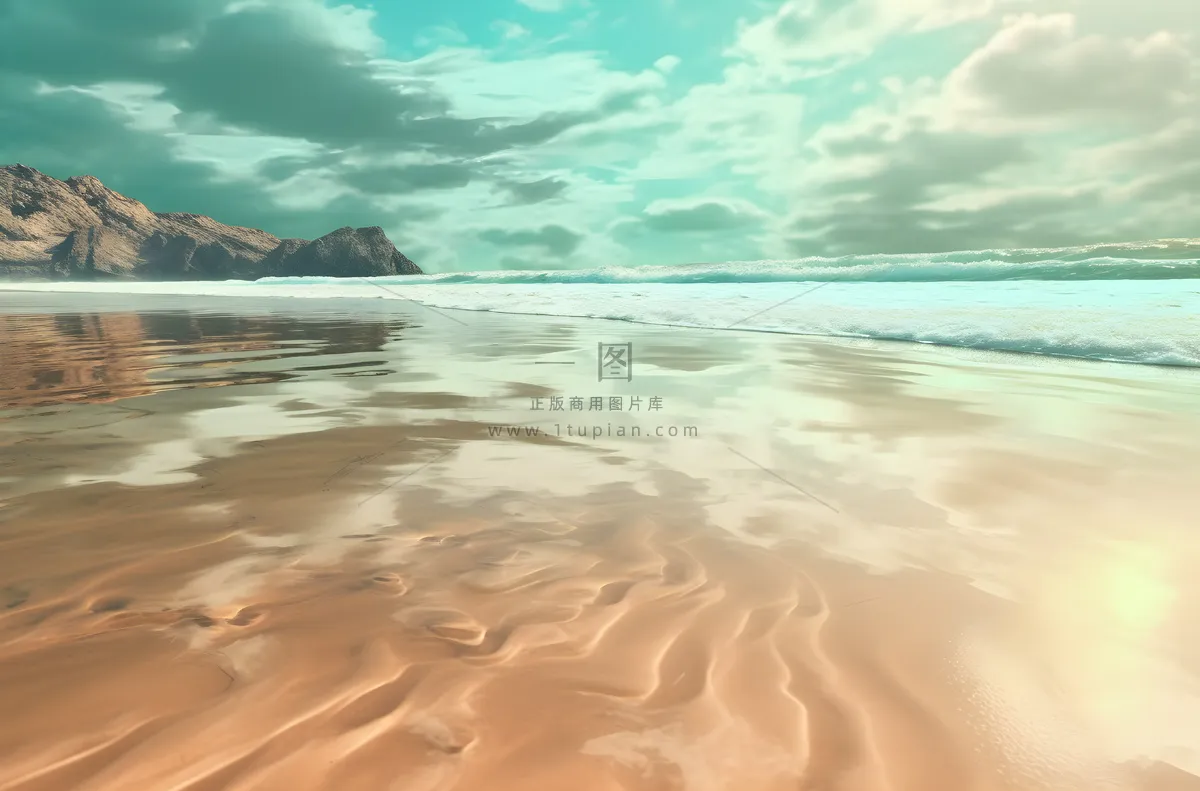 波涛汹涌的海岸倒映在沙滩上，浅青色和浅米色的风格，充满活力的舞台背景，宾得645n，迷人摄影图