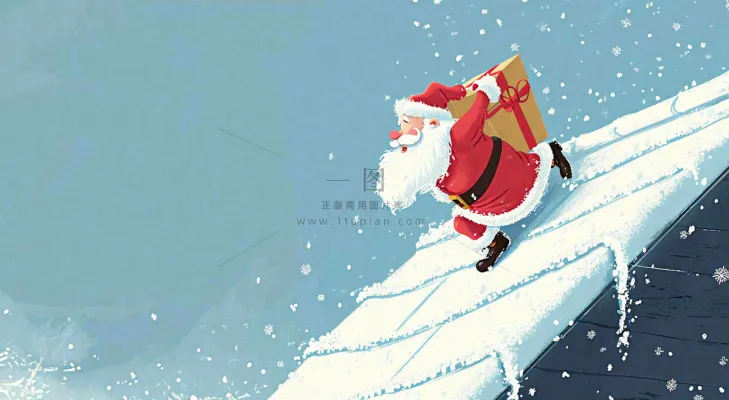 冬天圣诞老人屋顶带礼物,雪花雪屋,圣诞节卡通扁平插画 冬天圣诞老人屋顶带礼物,雪花雪屋,圣诞节卡通扁平插画