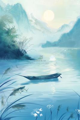 水墨山水画船帆芦苇荡青山插画背景 水墨山水画船帆芦苇荡青山插画背景
