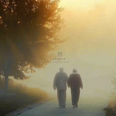 父母年长老人重阳节温馨落日背影