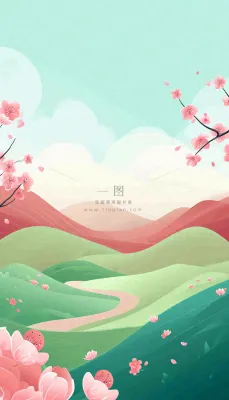 春天卡通手绘绿色的山景和开满粉红色画的树，春游，踏青，春分