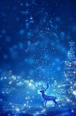 夜晚蓝色星空月亮麋鹿圣诞树平安夜圣诞节梦幻插画背景