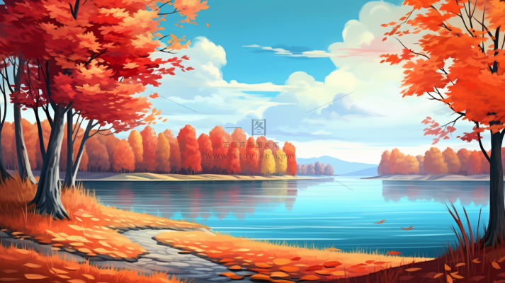 秋季树木湖泊河流风景新疆插画素材背景