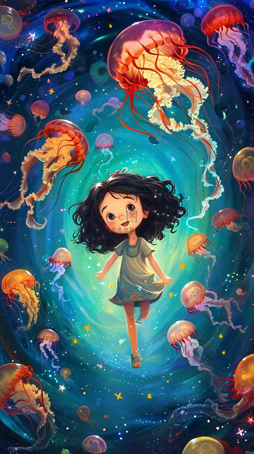 炫酷浪漫海洋海底水底可爱女孩手绘插画,鱼类水母生物