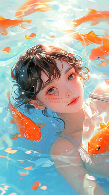 阳光泳池游泳人物男女，金鱼水面海上，反光色彩摄影图