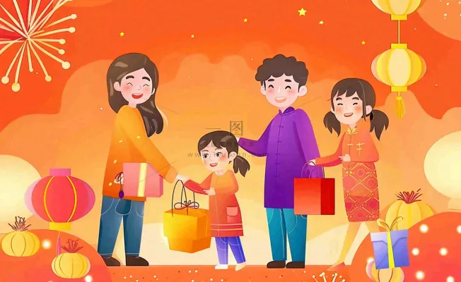新年春节回家过年团聚送礼物热闹喜庆欢庆卡通插画背景