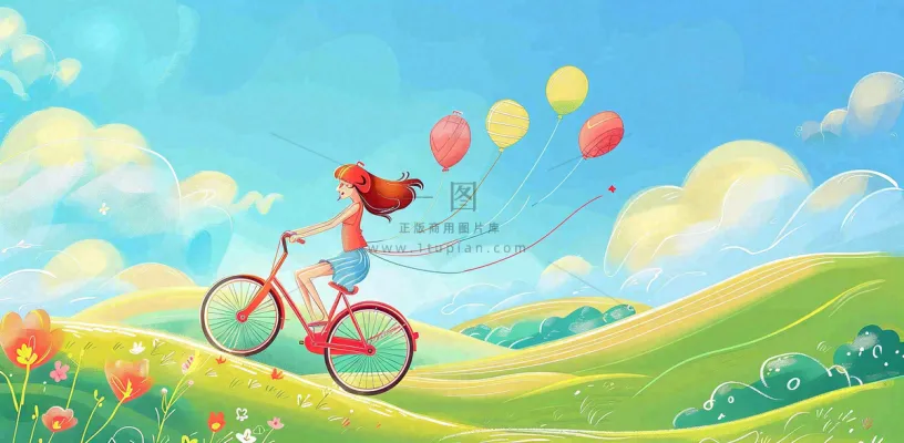 春夏踏青女孩骑自行车草原蓝天白云气球自由春分惊蛰卡通插画背景