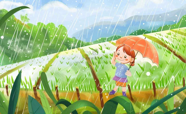 卡通女孩人物打雨伞春游踏青节气雨水谷雨春天春分绿色卡通插画背景 卡通女孩人物打雨伞春游踏青节气雨水谷雨春天春分绿色卡通插画背景
