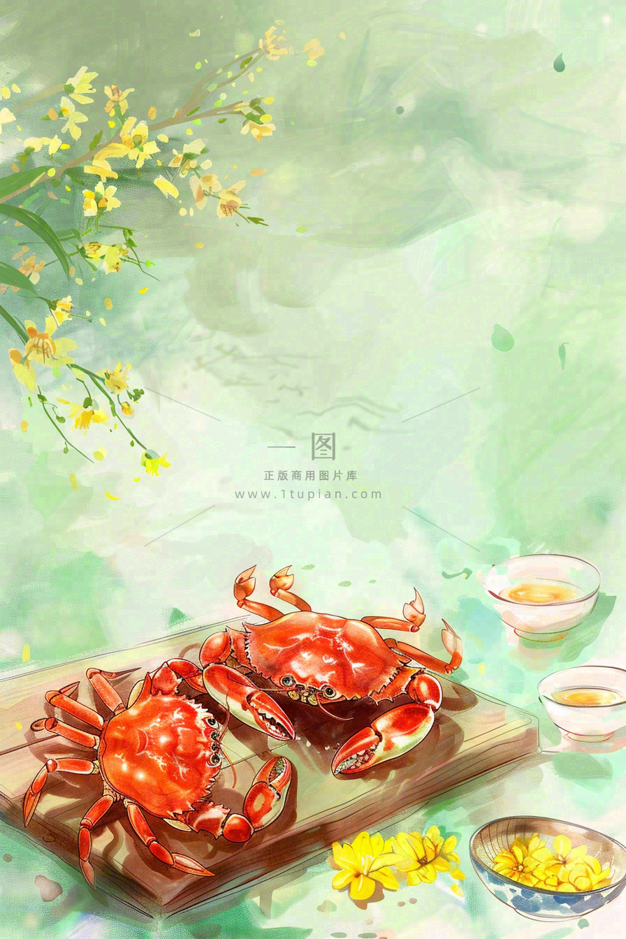 古风水墨白露菊花螃蟹桂花酒插画24节气寒露中秋插画背景
