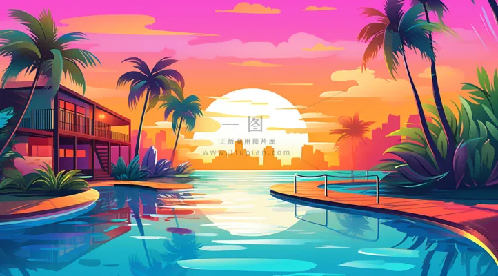 夏日泳池夕阳晚霞椰树摄影图