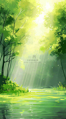 夏日森林丛林阳光绿色河面草丛树木手绘插画，夏至小暑大暑