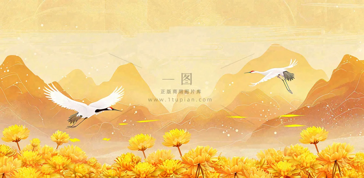 国潮风重阳菊花仙鹤山水场景插画中秋背景