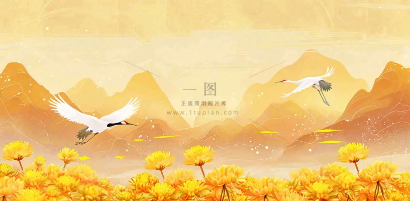 国潮风重阳菊花仙鹤山水场景插画中秋背景 国潮风重阳菊花仙鹤山水场景插画中秋背景