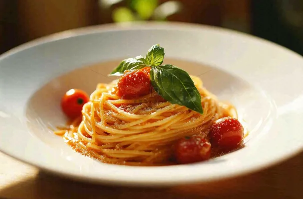 美味的意大利面番茄奶油意面罗勒叶美食摄影图