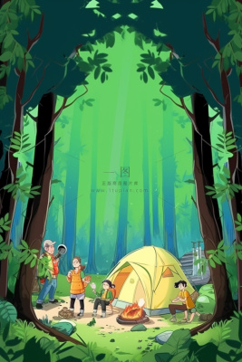亲子露营野营游玩绿色插画背景 亲子露营野营游玩绿色插画背景