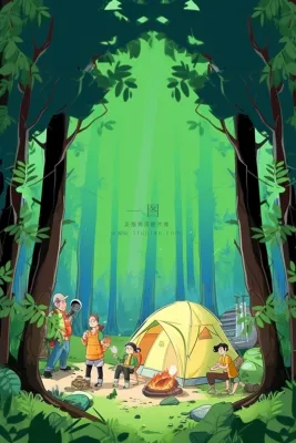 亲子露营野营游玩绿色插画背景 亲子露营野营游玩绿色插画背景