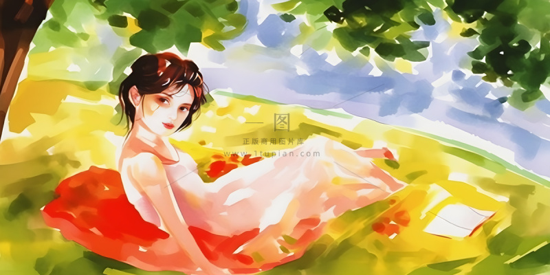 夏日人物水果树荫乘凉插画素材背景 夏日人物水果树荫乘凉插画素材背景