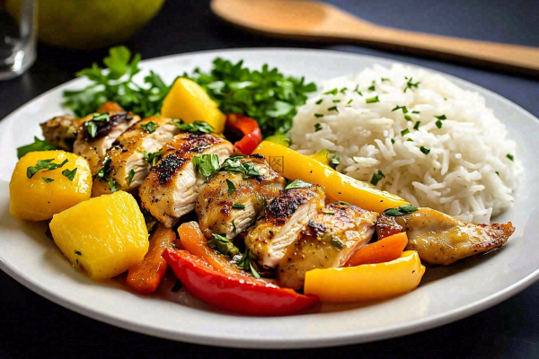 香煎鸡肉米饭香料美食摄影图