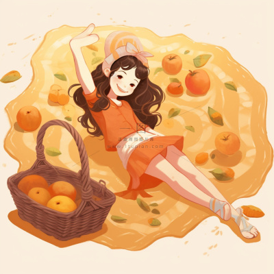 野餐垫上的女孩水果玩耍开心橙色插画素材背景