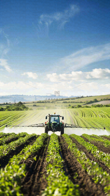 农田庄稼里耕种的机器农忙劳动节摄影图
