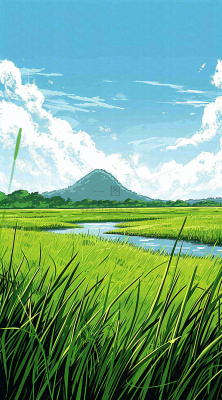 春天阳光灿烂远处的高山和田野春意盎然手绘卡通画