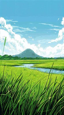 春天阳光灿烂远处的高山和田野春意盎然手绘卡通画