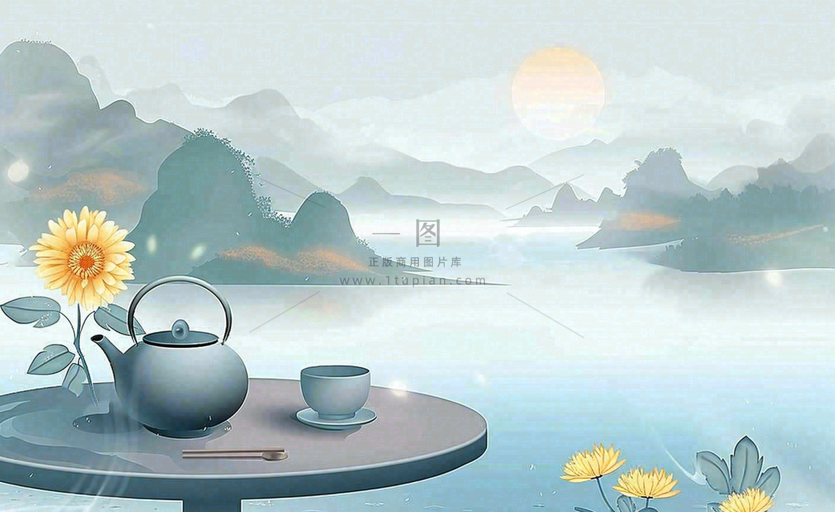 中国山水水墨画菊花饮茶重阳清明寒露插画背景