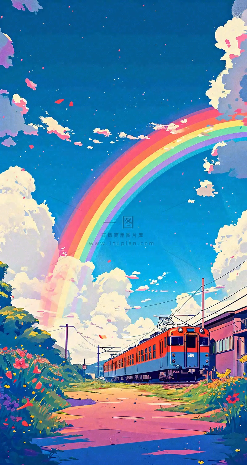 彩色绚丽彩虹蓝天白云铁路火车动车手绘插画