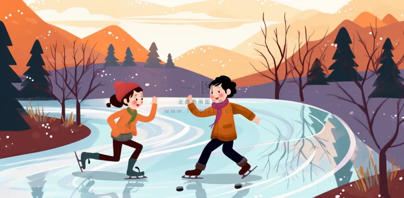 冬季在冰湖上滑冰的孩子儿童卡通插画背景 冬季在冰湖上滑冰的孩子儿童卡通插画背景