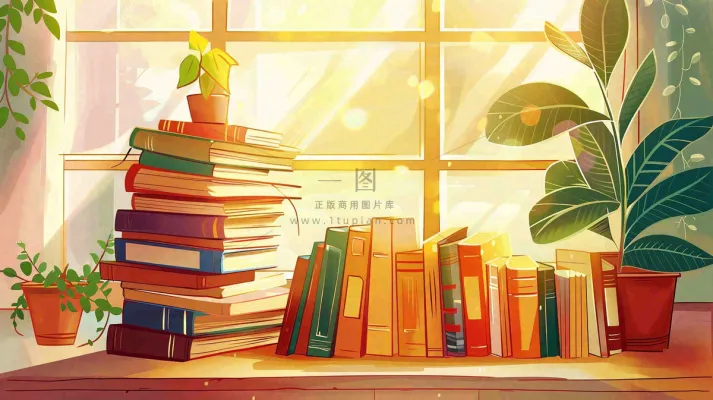世界读书日窗前书桌书本绿植卡通插画背景 世界读书日窗前书桌书本绿植卡通插画背景