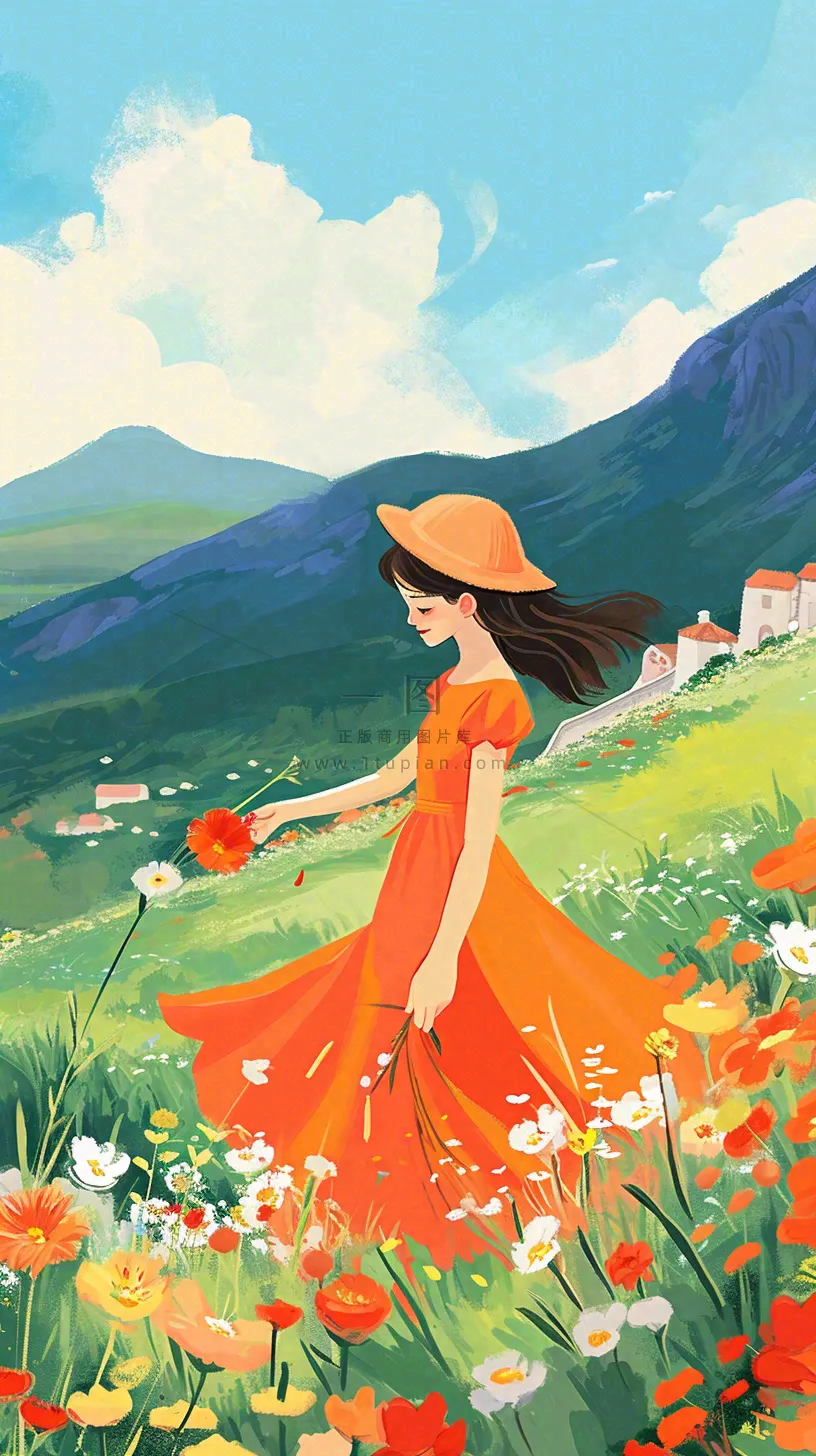 春天山脉草坪花海上穿裙子的女孩油画手绘插画，清新浪漫，踏青春游