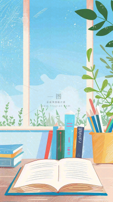 世界读书日窗前书桌书本绿植小清新卡通插画背景 世界读书日窗前书桌书本绿植小清新卡通插画背景