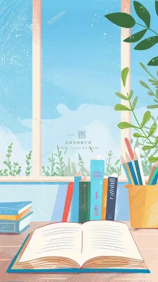 世界读书日窗前书桌书本绿植小清新卡通插画背景 世界读书日窗前书桌书本绿植小清新卡通插画背景