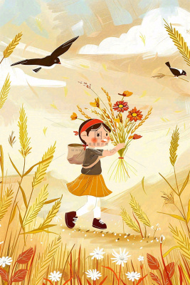 秋意浓丰收季女孩农场采收大雁芒种立秋秋分插画背景