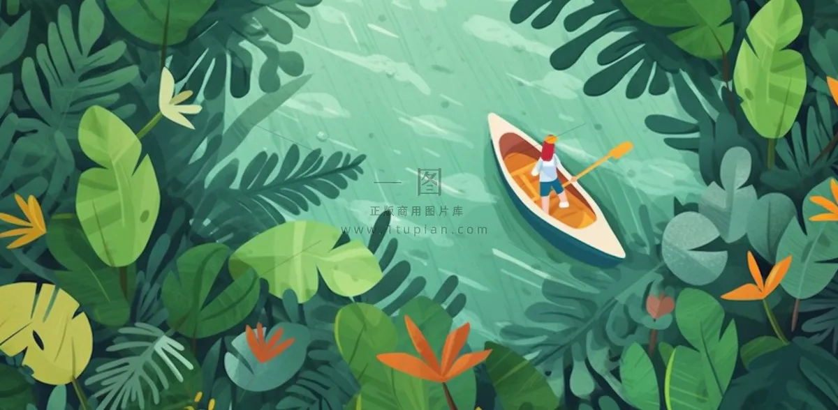 卡通插画湖面植物划船游湖背景