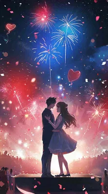 浪漫情人节爱心爱情夜晚烟花，跳舞插画