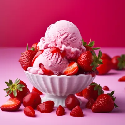草莓冰淇淋球夏日清凉粉色背景摄影图