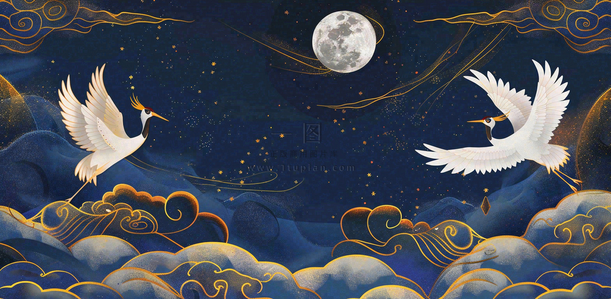 国潮山水中国风手绘祥云仙鹤插画古风唯美山水风景动物蓝金背景