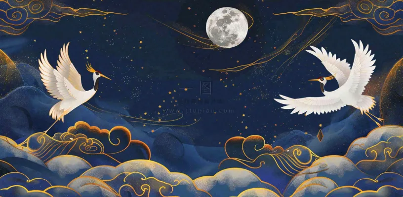 国潮山水中国风手绘祥云仙鹤插画古风唯美山水风景动物蓝金背景 国潮山水中国风手绘祥云仙鹤插画古风唯美山水风景动物蓝金背景