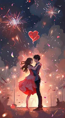 浪漫情人节爱心爱情夜晚烟花，跳舞插画