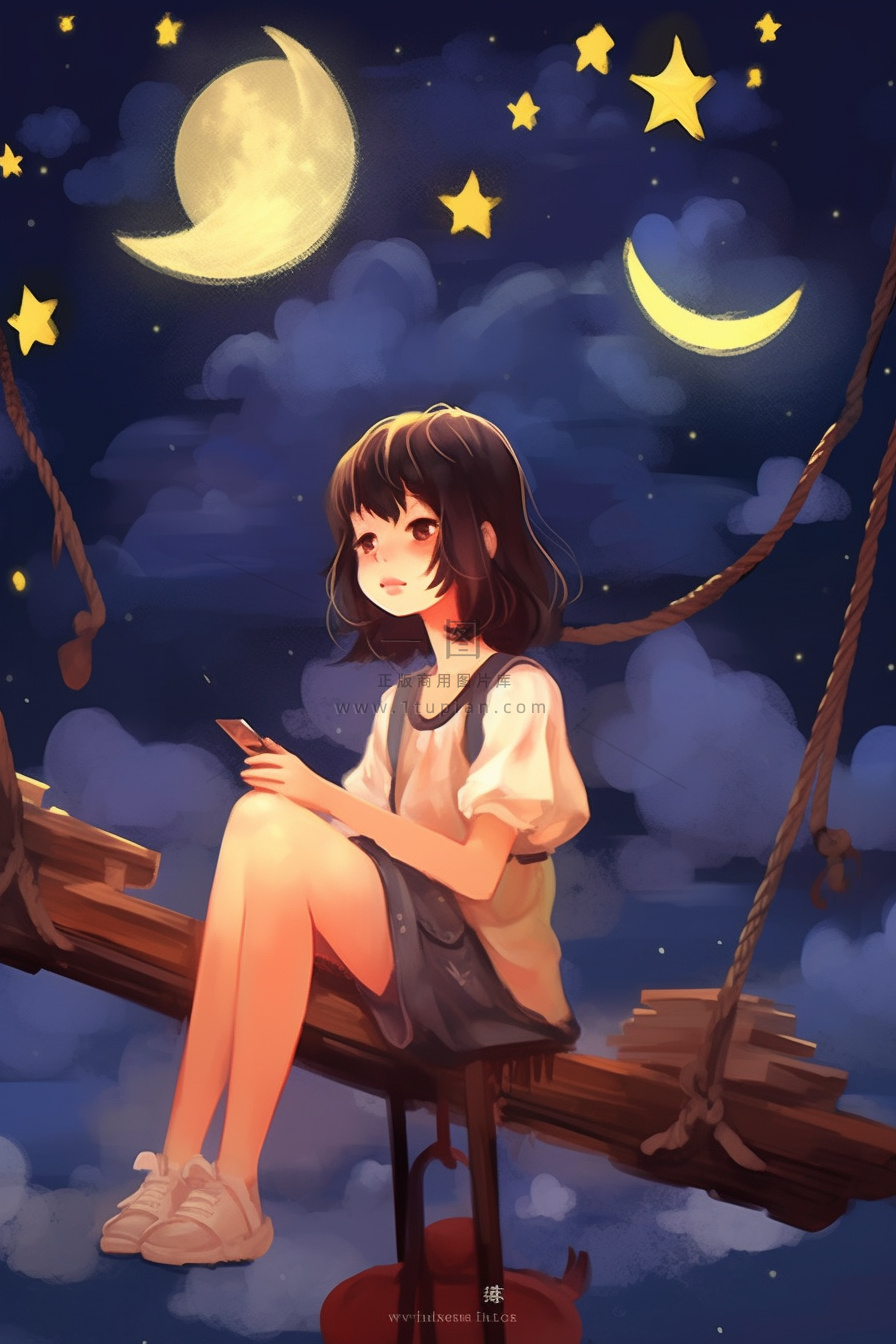 中秋夜圆月女孩赏月插画背景