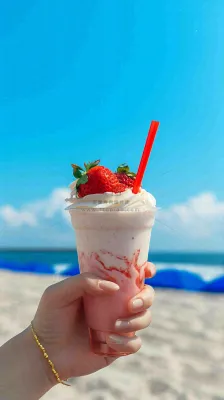 夏天阳光蓝天白云草莓饮料饮品果汁，清新摄影图