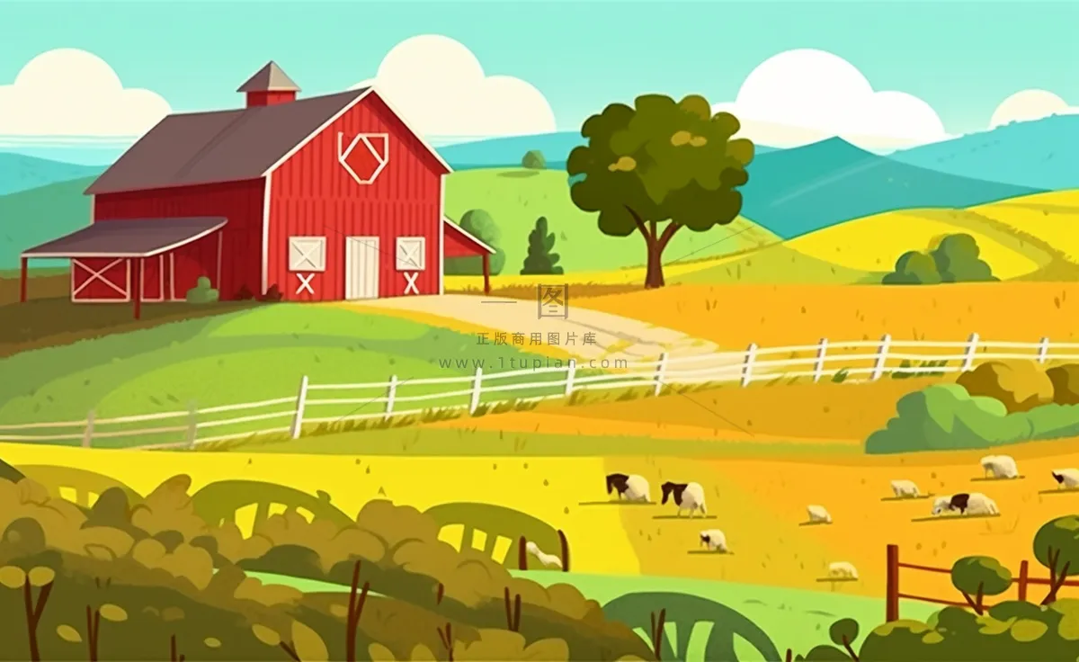 乡村村庄美丽风景河流插画农田插画背景